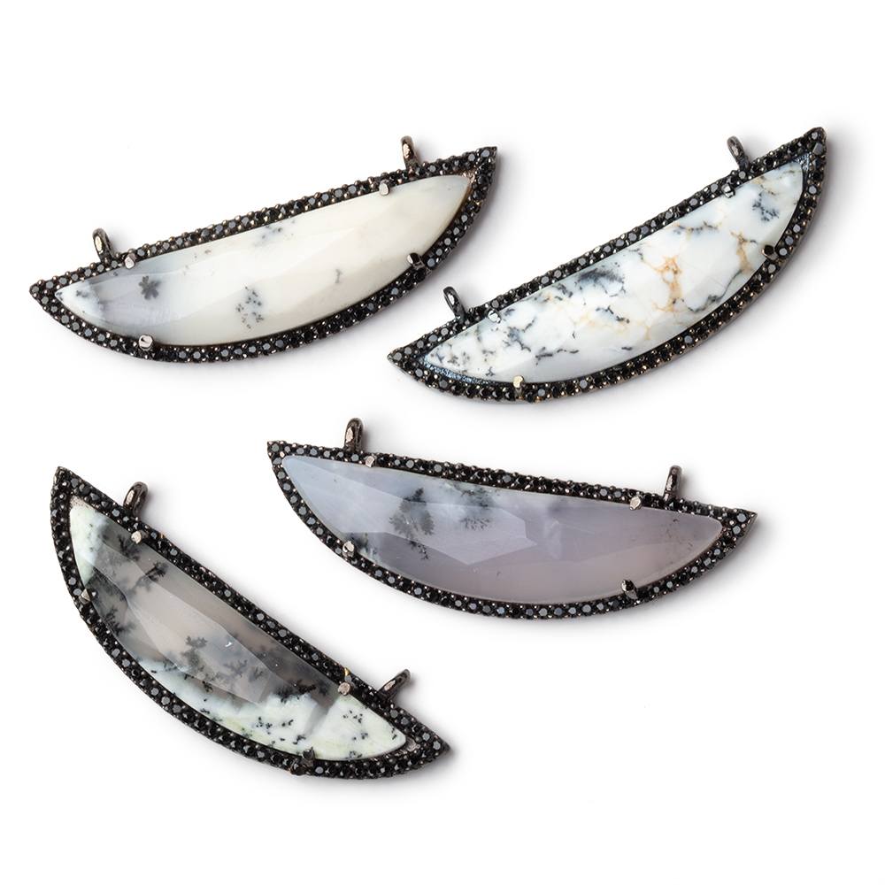 44x12mm Black Gold & Black CZ Bezel Dendritic Opal Half Moon 1 Connector