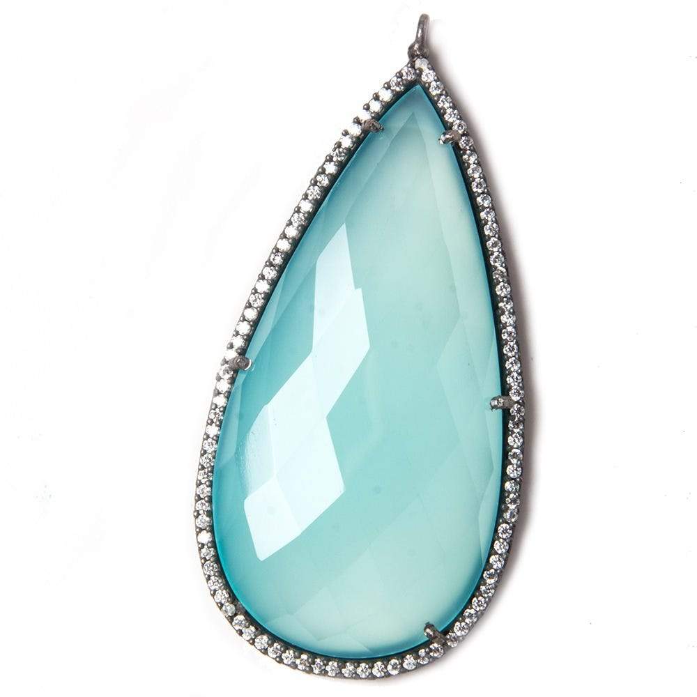 47.5x26mm Black Gold Bezeled White CZ & SeaBlue Chalcedony Pear Pendant 1 pc