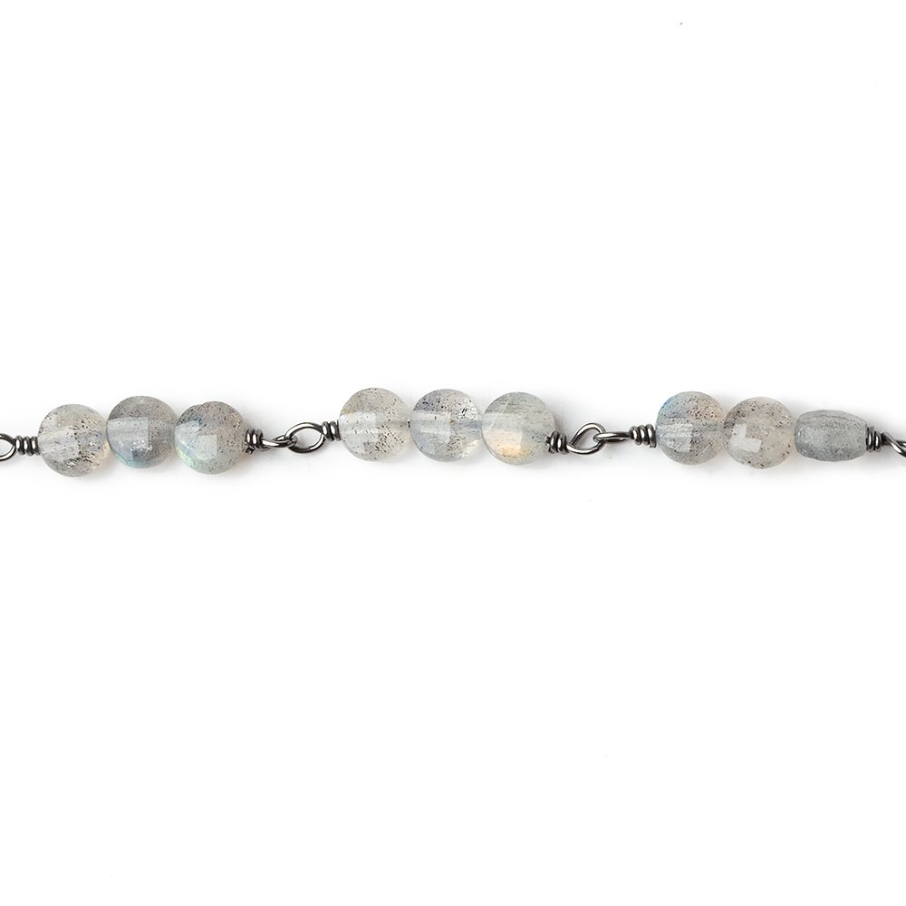 4mm Labradorite faceted coin Trio Black Gold Chain by the foot 54 beads per length