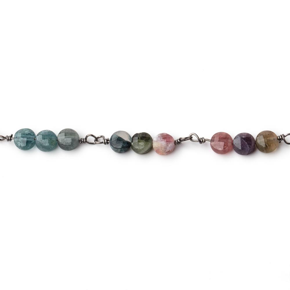 4mm Multi Color Tourmaline Faceted Coin Trio Black Gold Chain by the Foot 51 beads