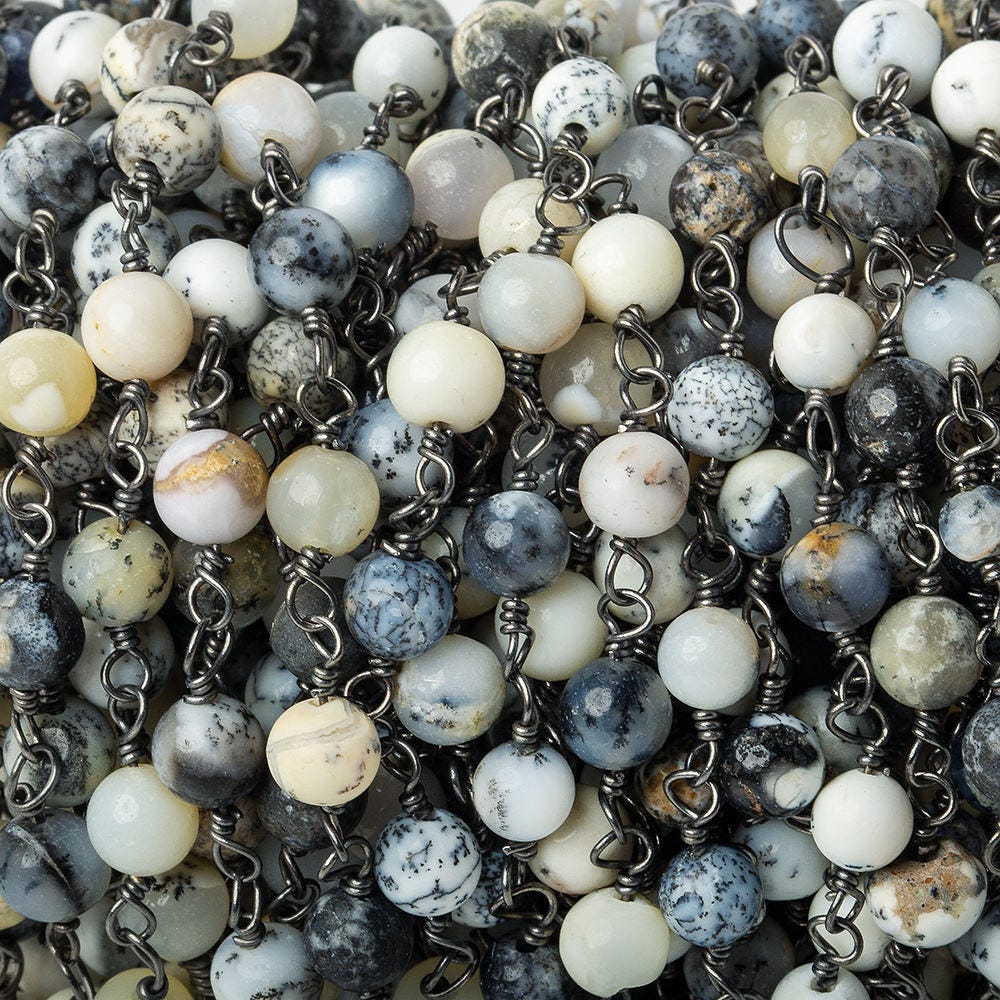 5mm Dendritic Opal plain round Black Gold plated Chain by the foot
