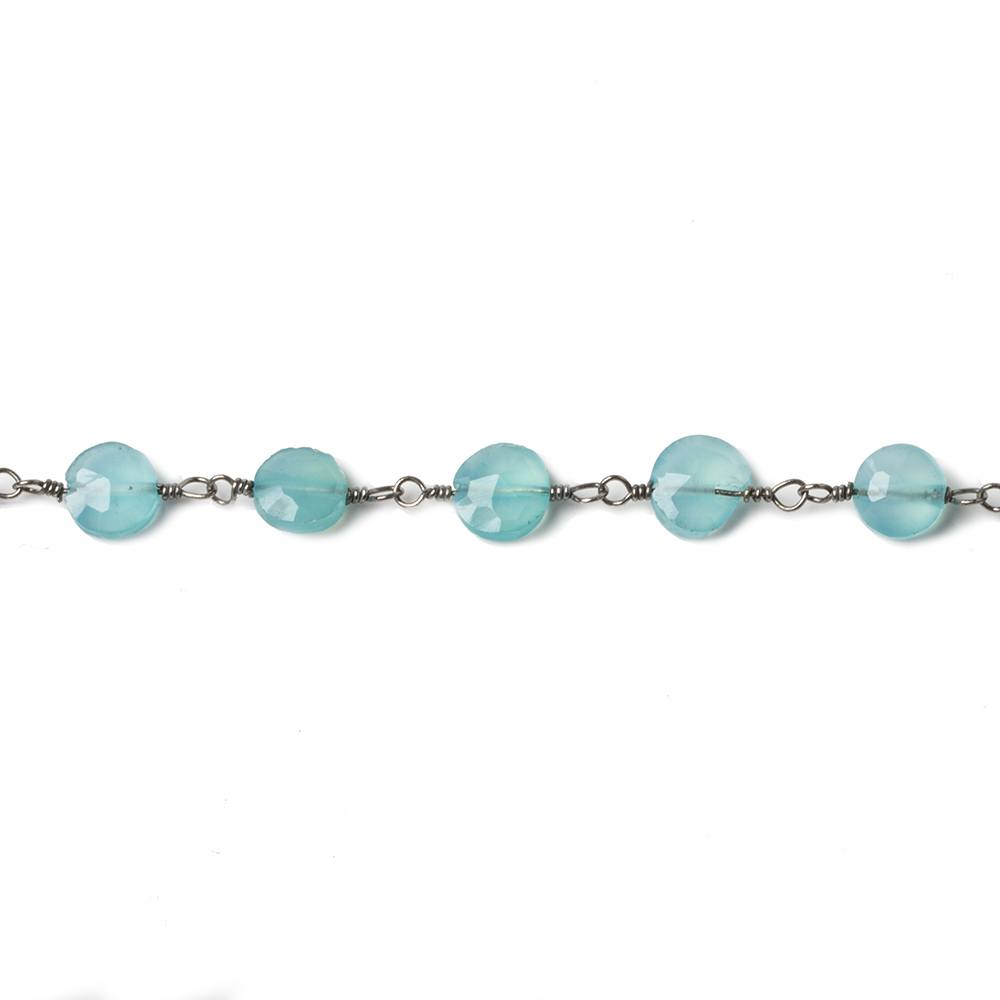 5mm Seafoam Blue Chalcedony faceted coin Black Gold Chain by the foot 27 beads