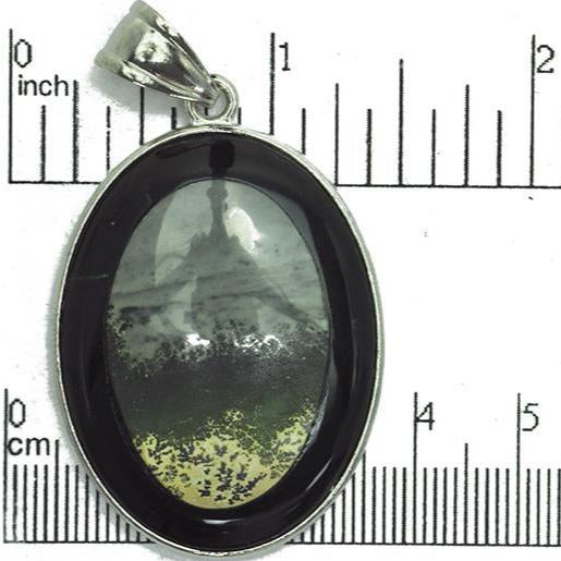 30mm x 40mm Black Jasper Moss Agate Lace Inlay Oval Pendant - With Bail - Semi Precious Stone - SP728