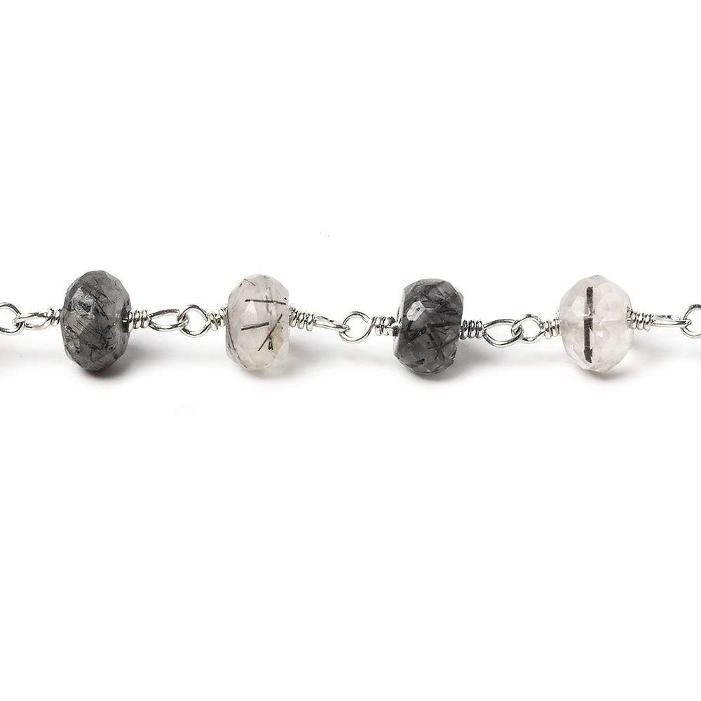 6mm Tourmalinated Quartz faceted rondelle Silver Chain by the foot 30 pieces
