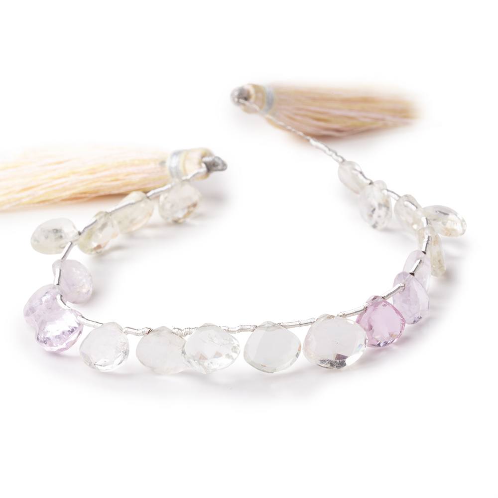 7-9mm Kunzite and Hiddenite Faceted Heart Beads 7.5 inch 17 pieces