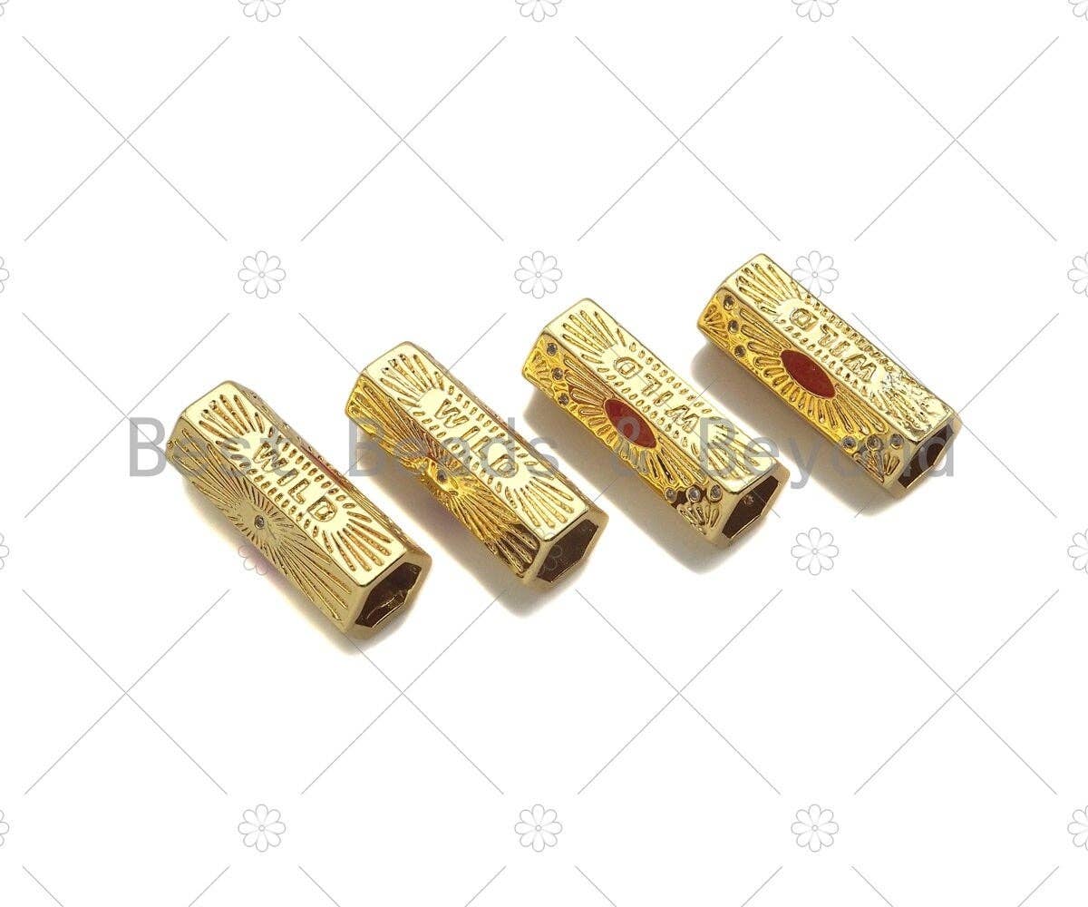 18K Dainty Gold Wild Word with Sun Shape On Hexagon Large Hole Tube Spacer Beads,Drum Barrel Beads,Red Enamel Tube Spacer,8x22mm, Sku#Y415