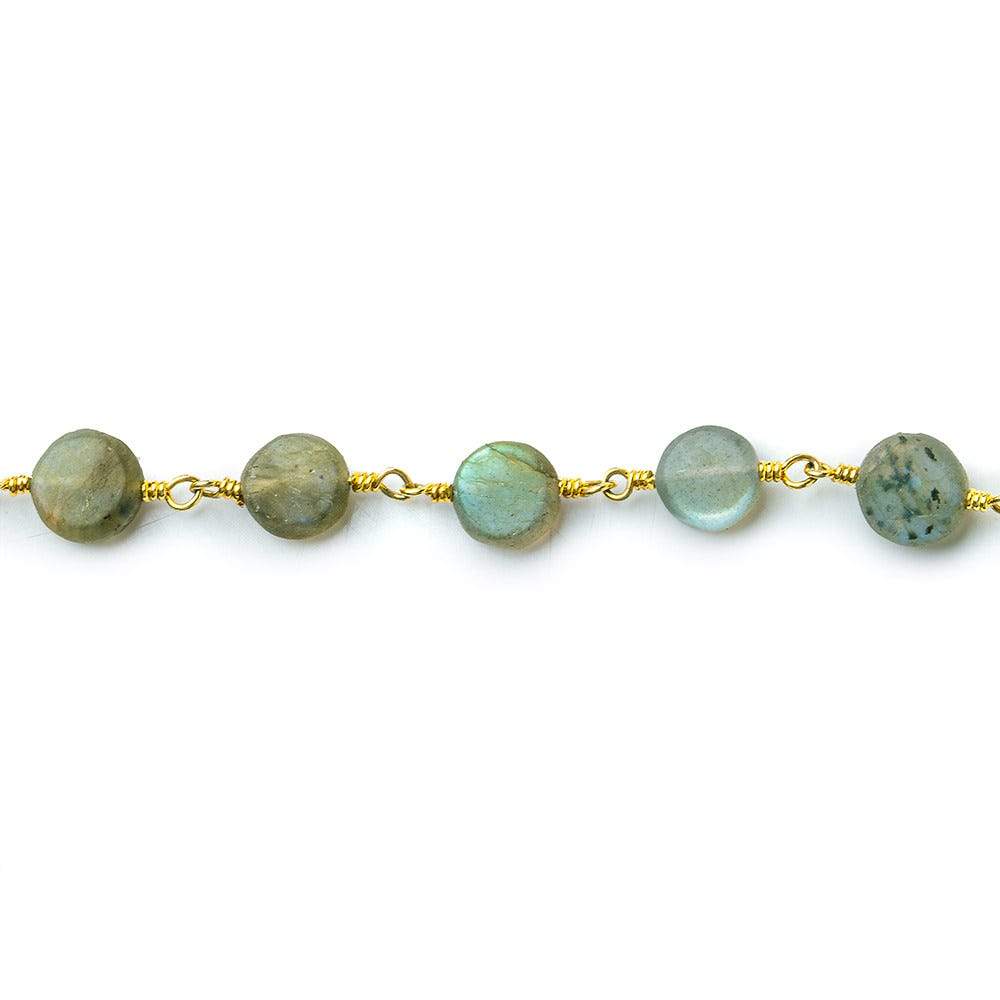 7mm Matte Labradorite plain coin Gold plated Chain by the foot 26 beads per