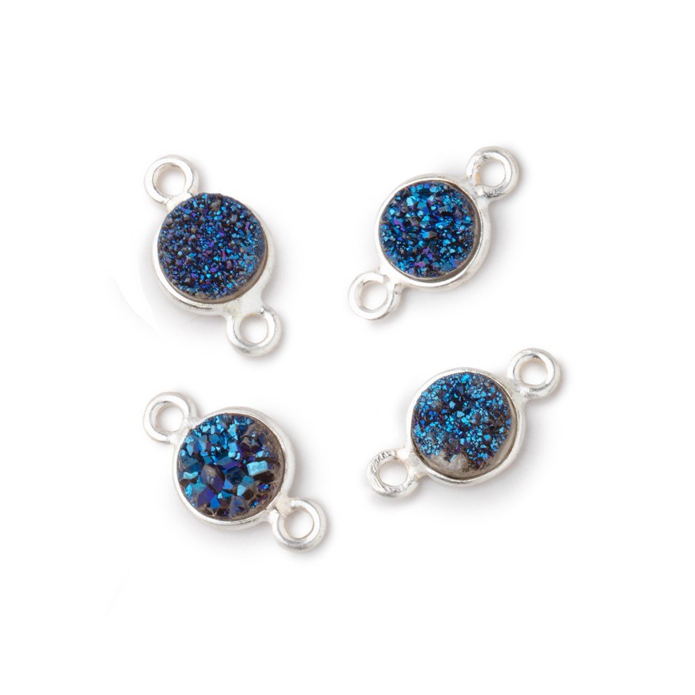 7mm Silver .925 Bezel Mystic Aegean Blue Drusy Coin Connector Set of 4 Pieces