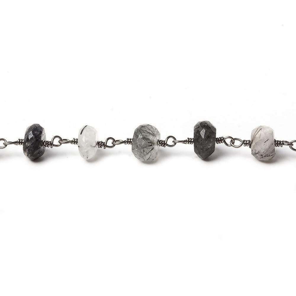 7mm Tourmalinated Quartz faceted rondelle Black Gold Chain by the foot 30 pieces