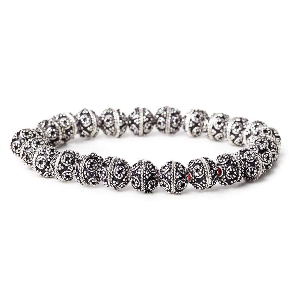 8mm Antiqued Sterling Silver plated Bead Cap Round & Miligrain Circle Design 8 inch 54 beads