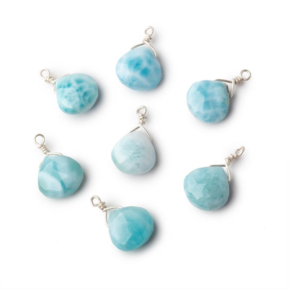 8mm Silver Wire Wrapped Larimar Faceted Heart 1 Focal Pendant