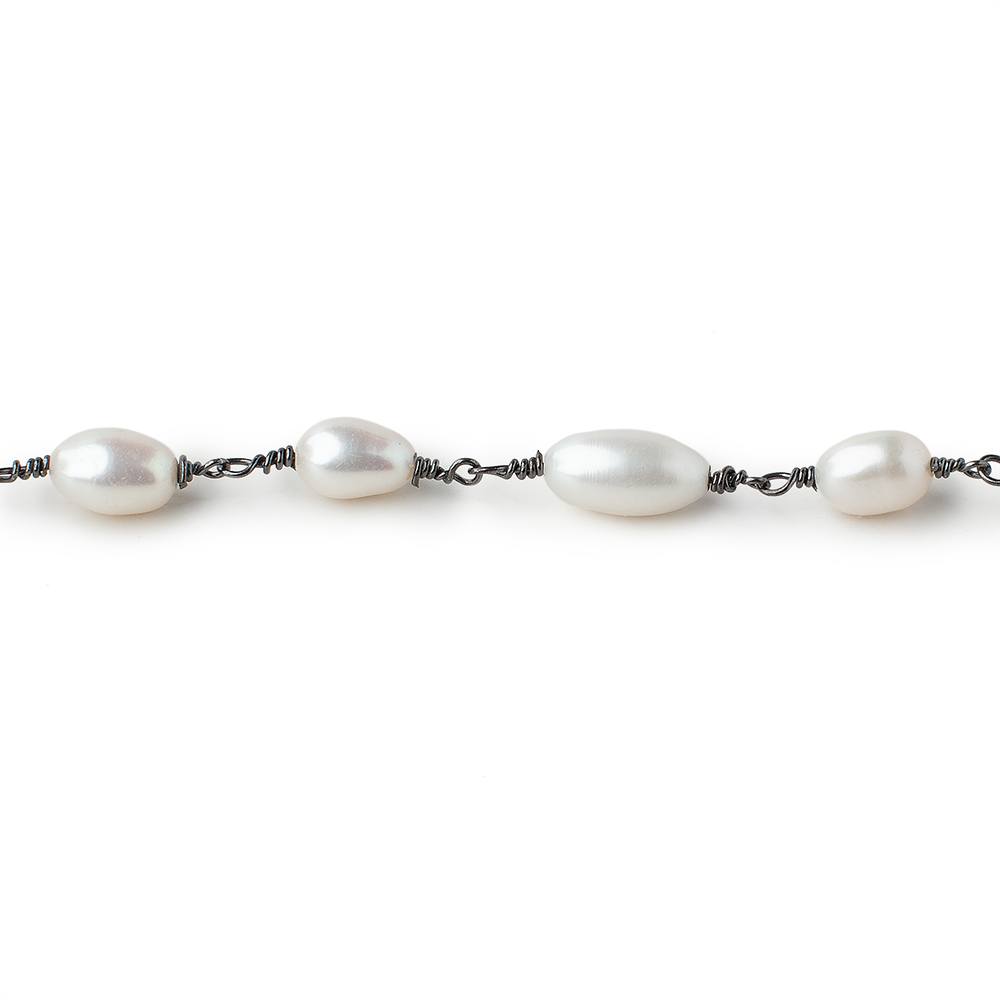8x6-11x6mm White Oval Pearls on Black Gold .925 Chain by the Foot 18 pieces