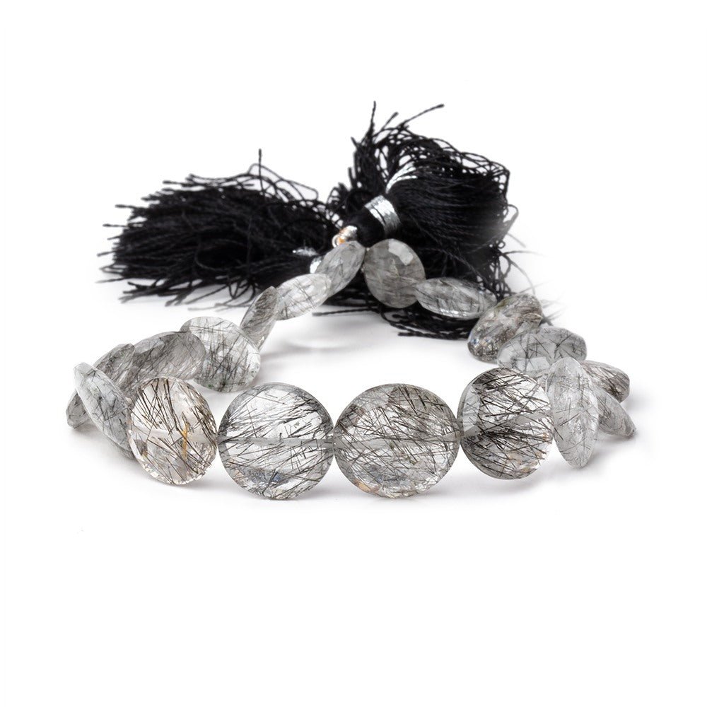 9.5-15mm Black Tourmalinated Quartz Faceted Coin Beads 8.5 inch 18 pieces