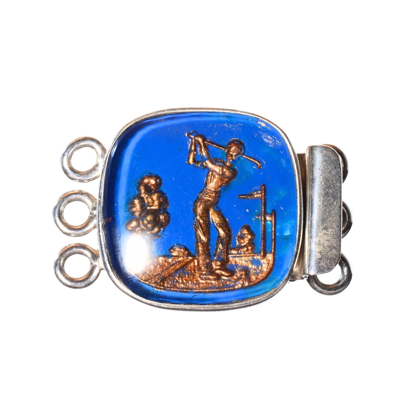 Sterling Silver Golf Scene Clasp with Blue Glass Inlay – 3 Strand