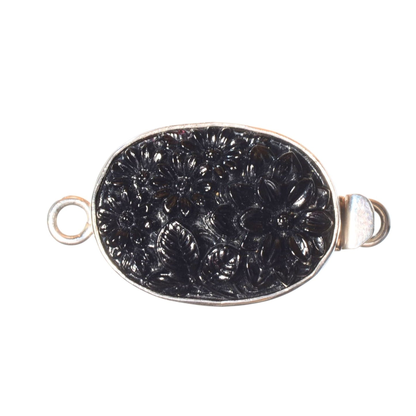 Sterling Silver Oval Clasp with Carved Black Floral Inlay