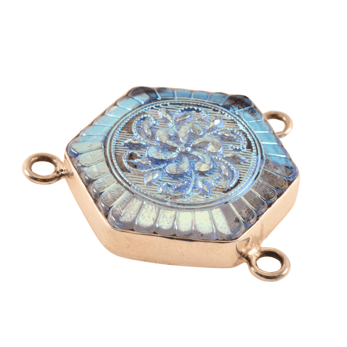 Vintage Sterling Silver Hexagon Connector with Iridescent Czech Glass