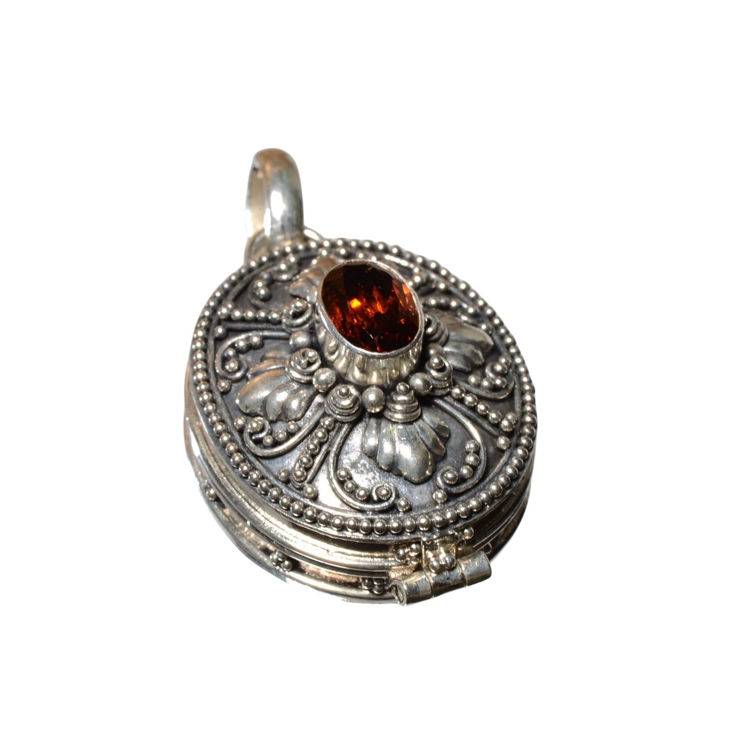 Vintage Sterling Silver Oval Locket with Faceted Red Crystal – 925 Silver Pendant