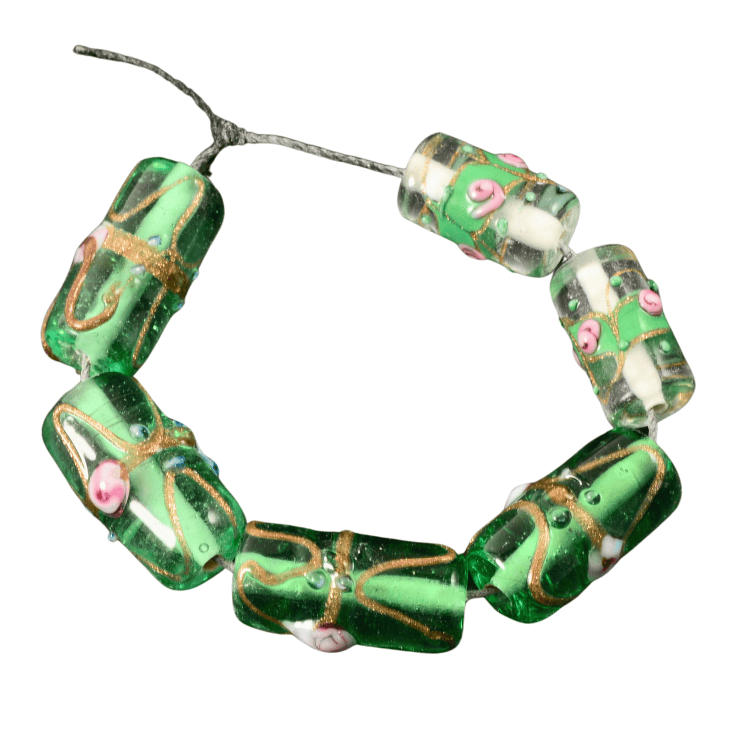 Handmade Lampwork Glass Beads – Green Kalera Beads with Gold Swirl – Mixed Sizes