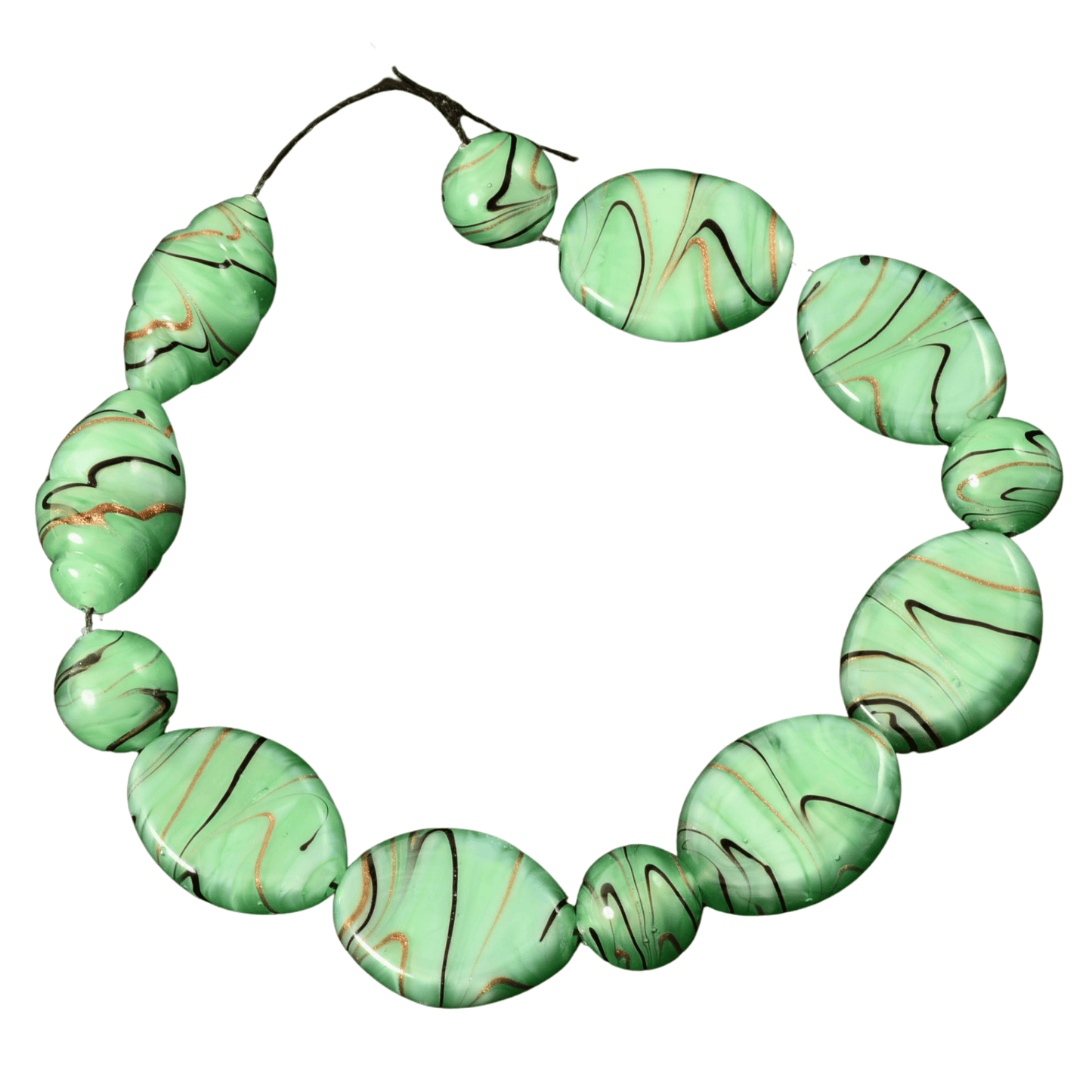 Large Handmade Lampwork Glass Bead Strand – Green Swirl Coin & Marquise Beads