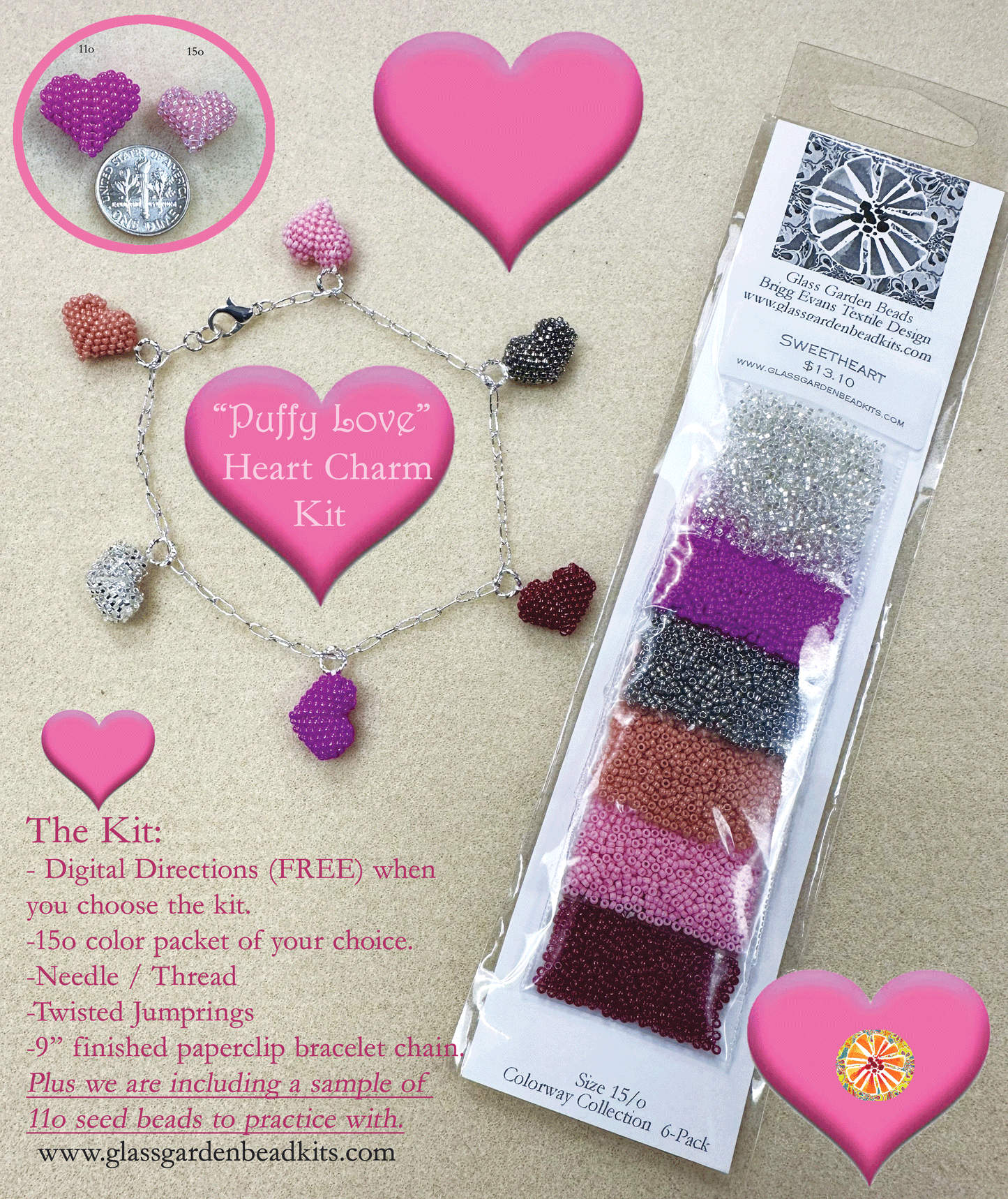 Puffy Love Heart Charm Bracelet Kit