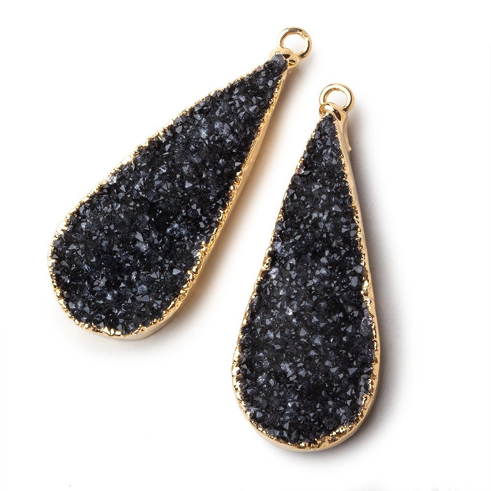 Gold Leafed Black Pear Drusy Pendant Matched Set 2 pieces 35x15x4.5mm A Grade