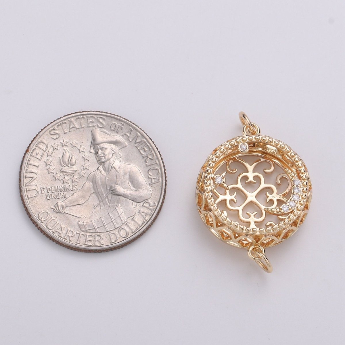 18K Filligree Essential Oil Diffuser, Cresent Moon, Star, Planet Gold Plated Micro Pave CZ Connector Micro Pave CZ Bracelet Connector F-809