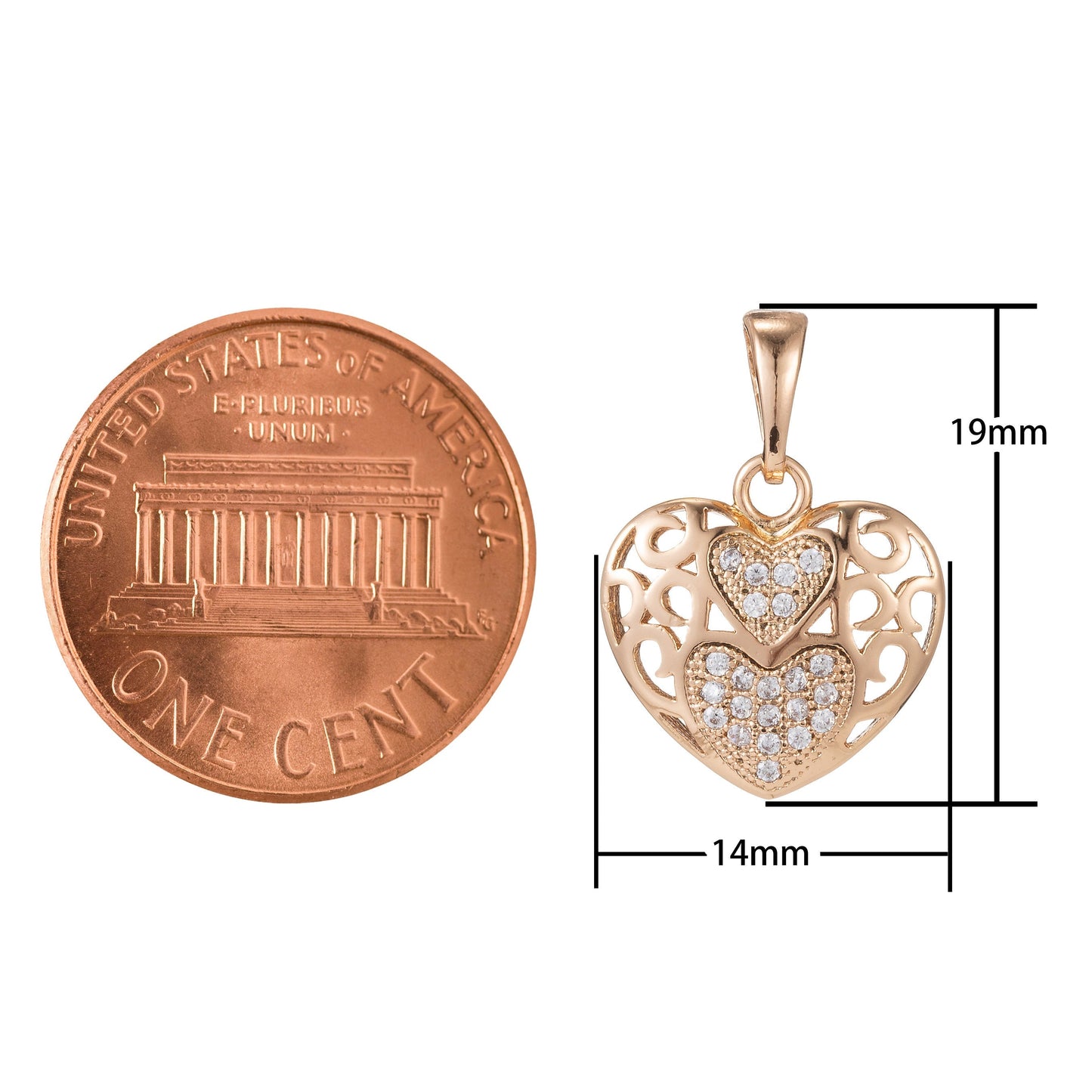 18k Gold Filled Micro Pave CZ Heart Pendant Charm, Heart with heart Pendant Charm, Linked Locked Heart Pendant, For DIY Jewelry I-421