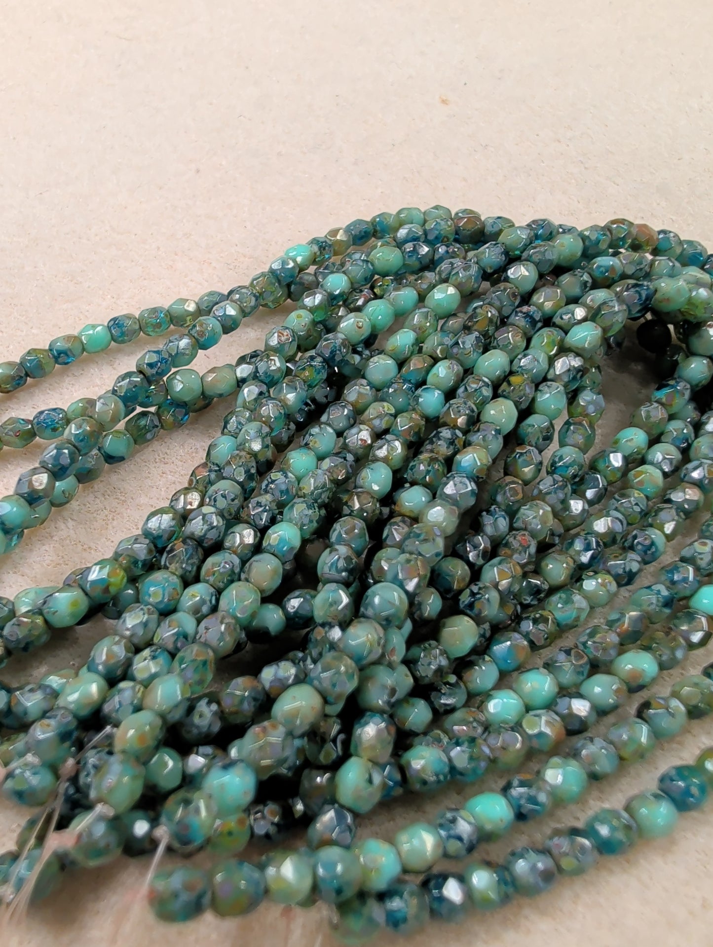 Fire Polish, Round, Sea Green w/ Picasso Finish, 4mm