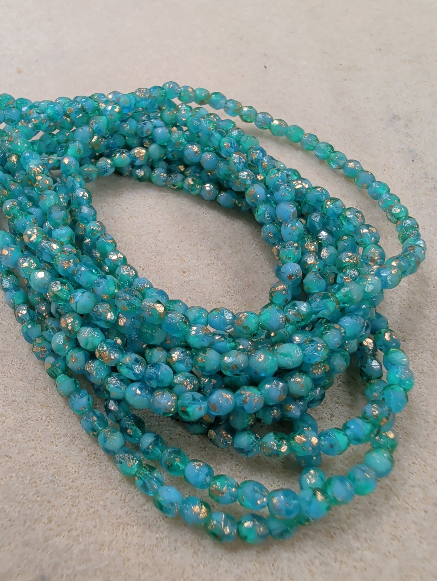 Fire Polish, Round, Sky Blue & Sea Green w/ Gold & Etched Finishes, 4mm