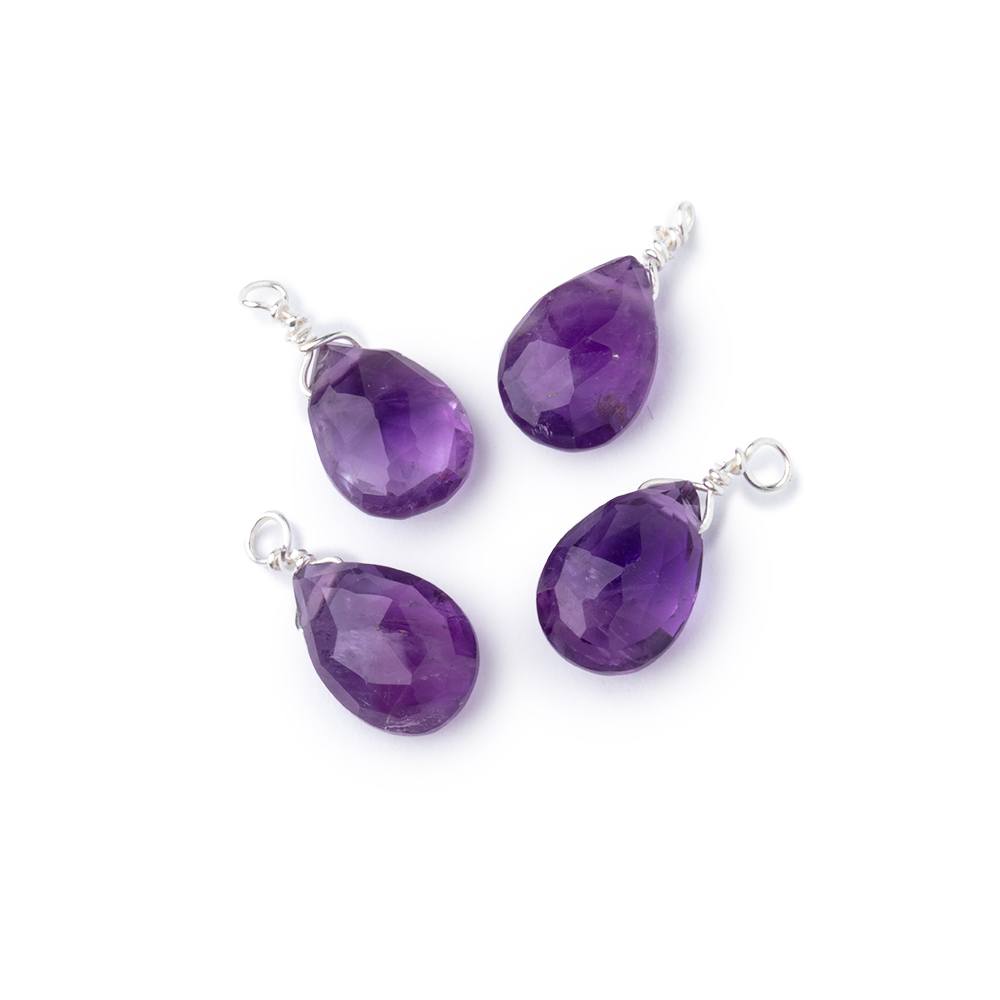 Set of 4 Silver Wire Wrapped 9x6mm Amethyst Faceted Pear Focals
