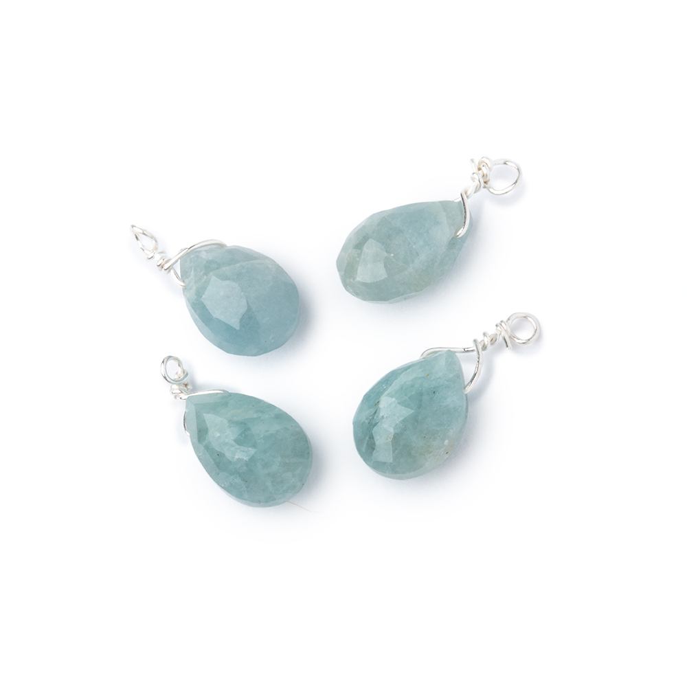 Set of 4 Silver Wire Wrapped 9x6mm Aquamarine Faceted Pear Focals