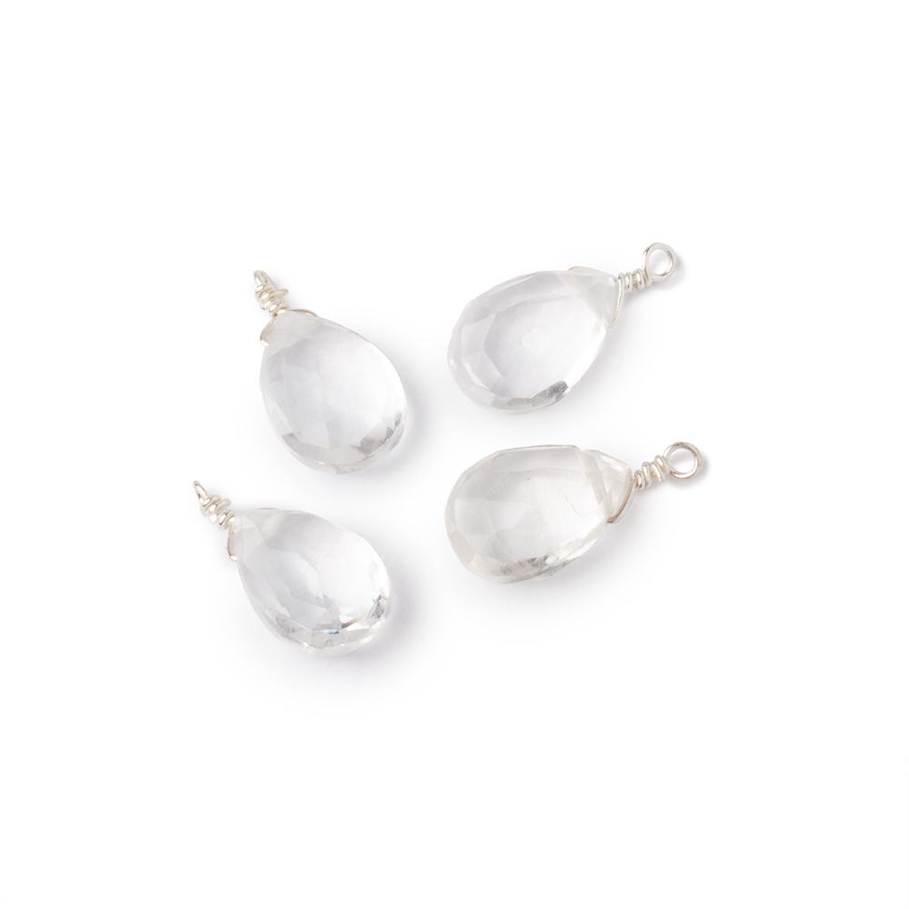 Set of 4 Silver Wire Wrapped 9x6mm Crystal Quartz Faceted Pear Focals