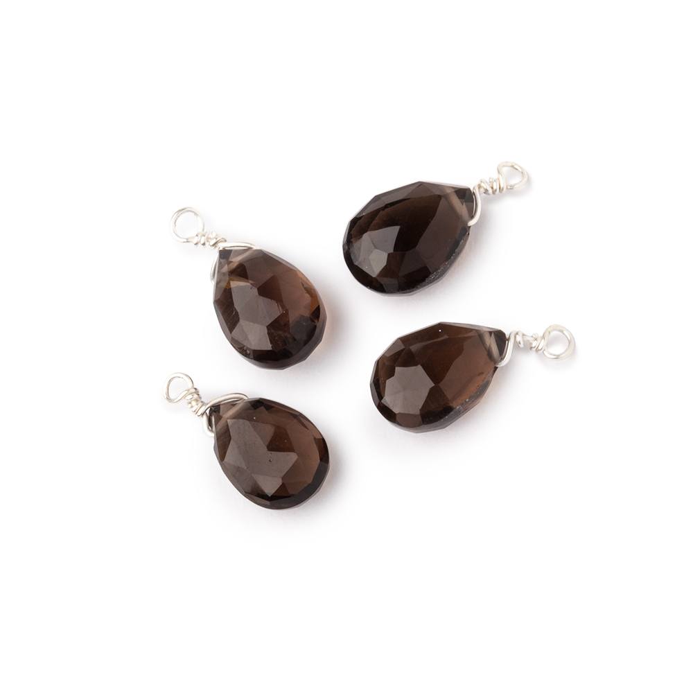 Set of 4 Silver Wire Wrapped 9x6mm Smoky Quartz Faceted Pear Focals