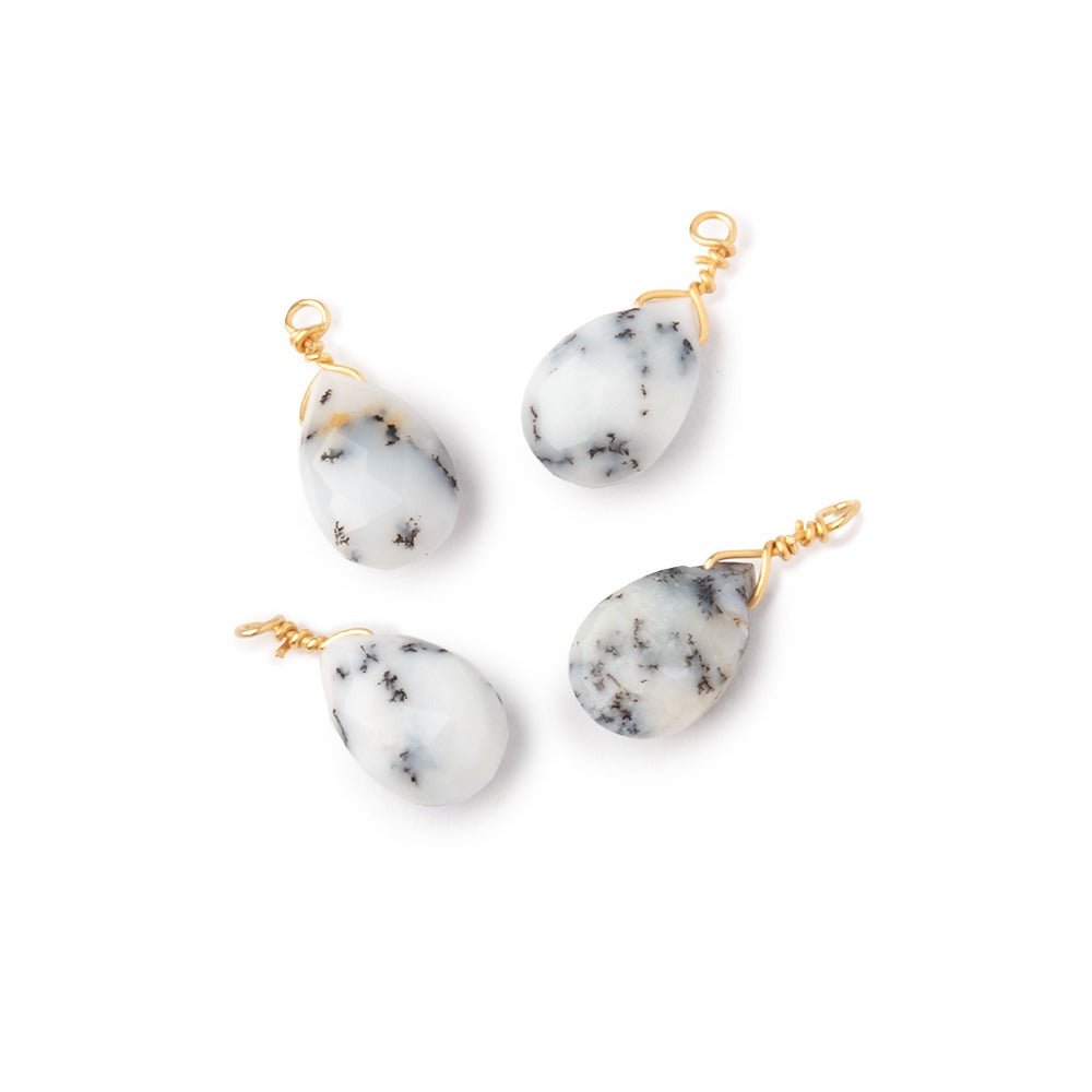 Set of 4 Vermeil Wire Wrapped 9x6mm Dendritic Opal Faceted Pear Focals