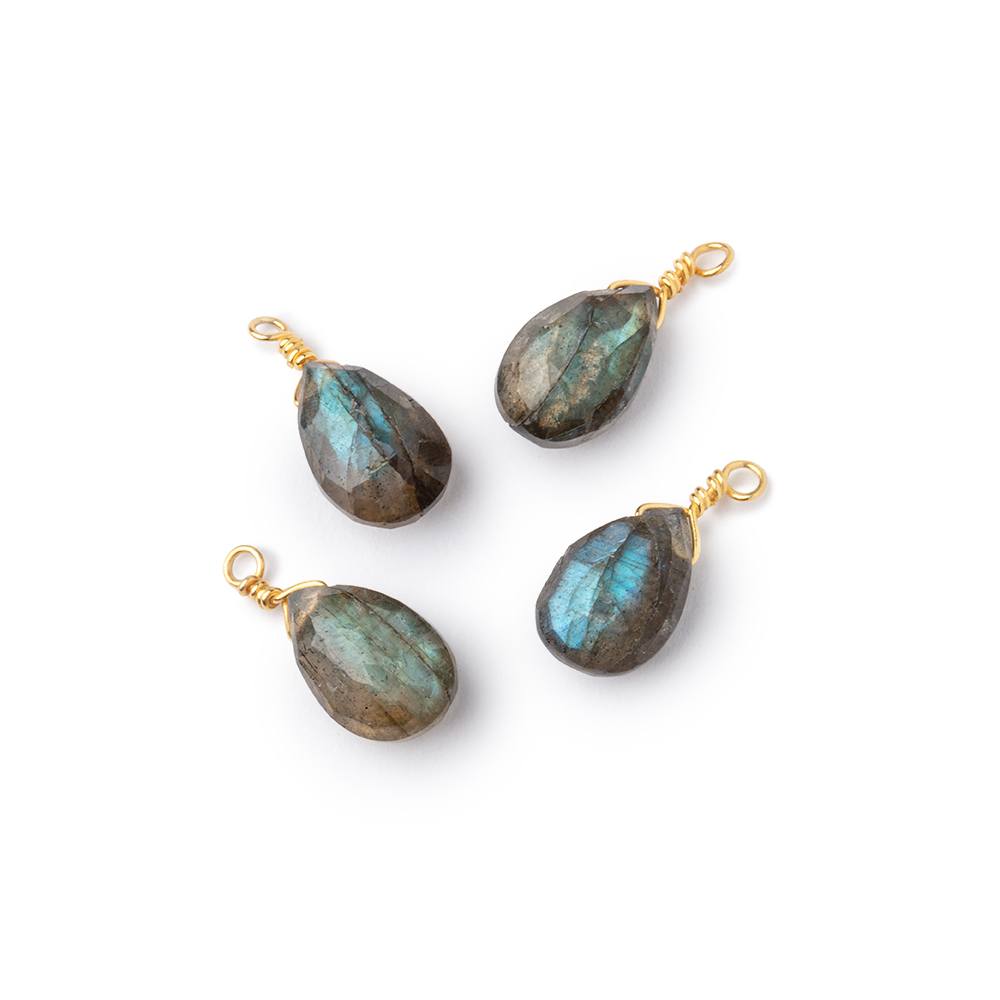 Set of 4 Vermeil Wire Wrapped 9x6mm Labradorite Faceted Pear Focals