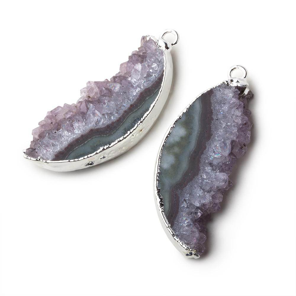 Silver Leafed Amethyst & Matrix Half Moon Drusy Pendant Set of 2 pieces 35x14x6mm A Grade