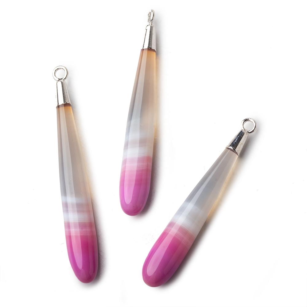 Silver Leafed Hot Pink Banded Agate tear drop Pendant 1 focal bead 40x7mm