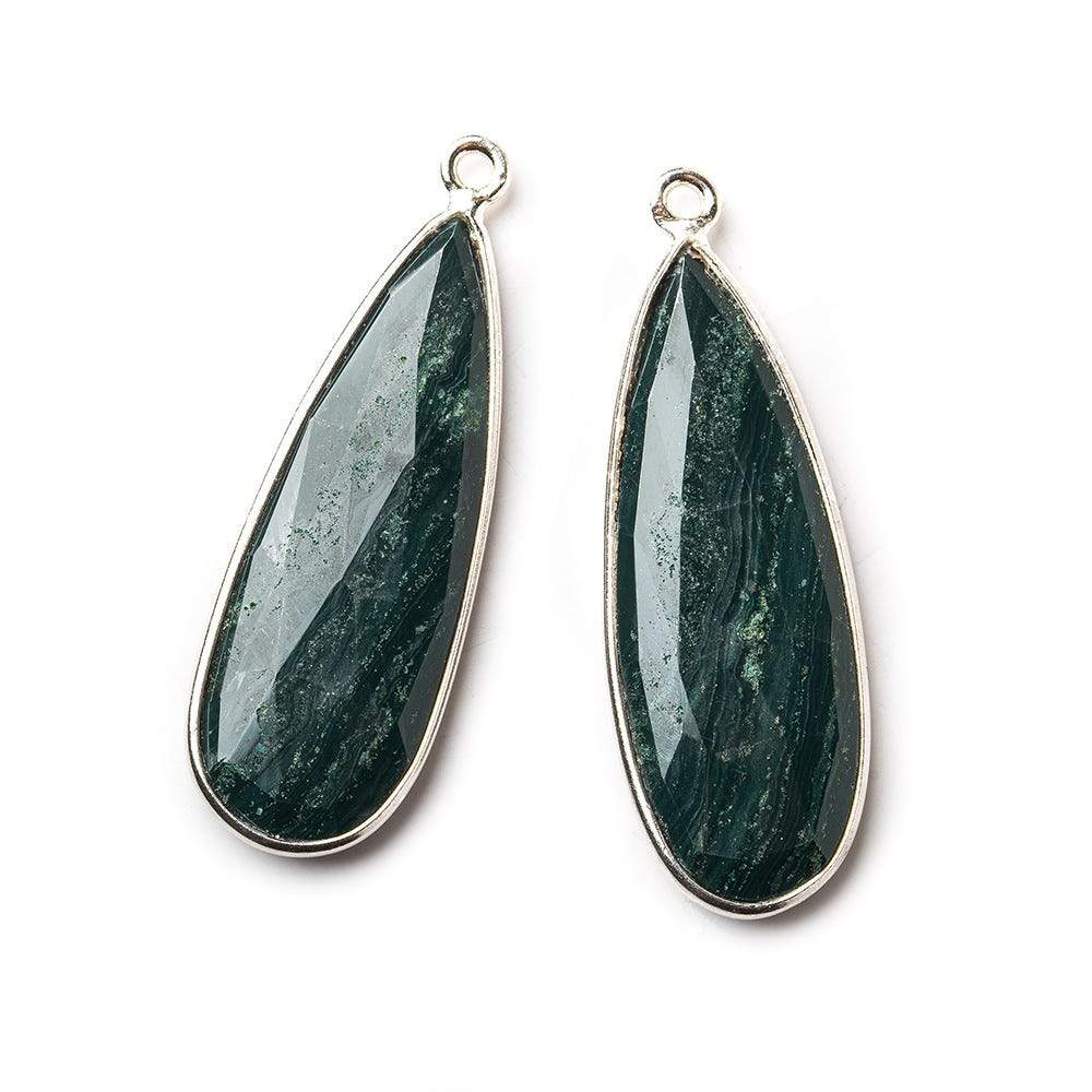 Sterling Silver Bezel Green Jasper Elongated Faceted Pear Set of 2 Pendants 33x12mm