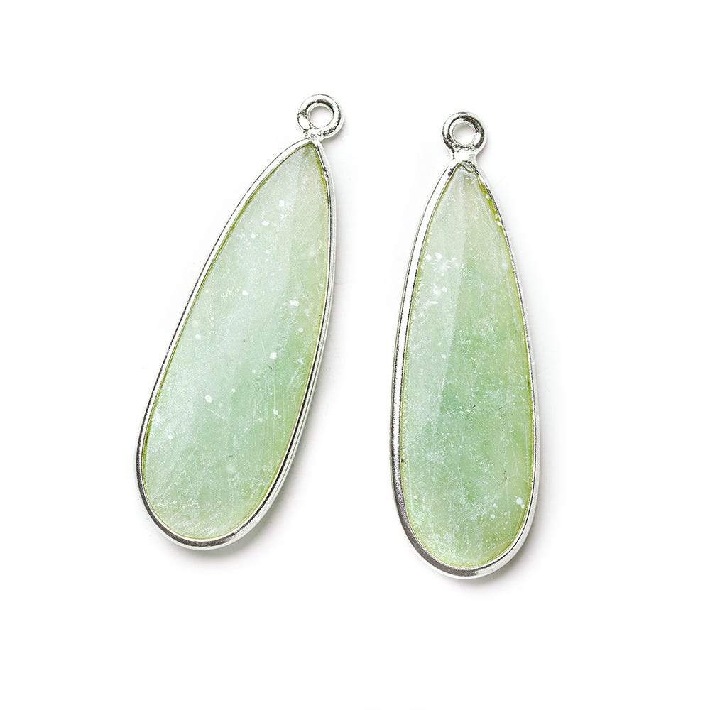 Sterling Silver Bezel Matte Jade Elongated Faceted Pear Set of 2 Pendants 33x12mm