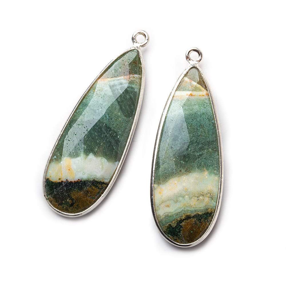Sterling Silver Bezel Multi Color Jasper Elongated Faceted Pear Set of 2 Pendants 37x15mm