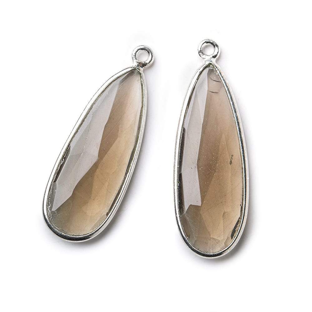 Sterling Silver Bezel Smoky Quartz Elongated Faceted Pear Set of 2 Pendants 30x12mm