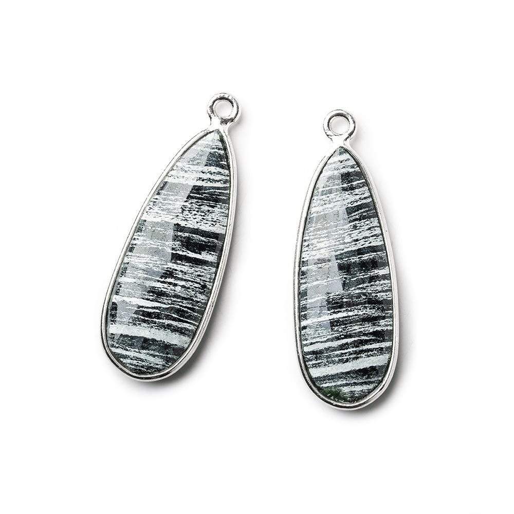 Sterling Silver Bezel Zebra Jasper Elongated Faceted Pear Set of 2 Pendants 28x11mm