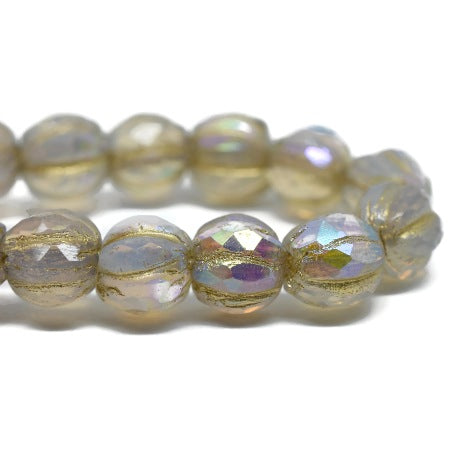 6mm Faceted Melon White with AB Finish and Gold Wash