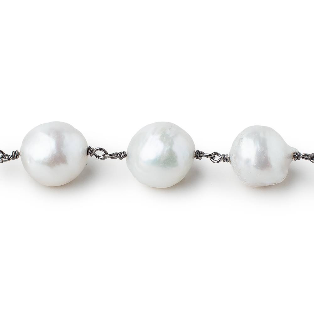 10-13mm White Ultra Baroque Pearls on Black Gold .925 Chain by the foot 17 pcs