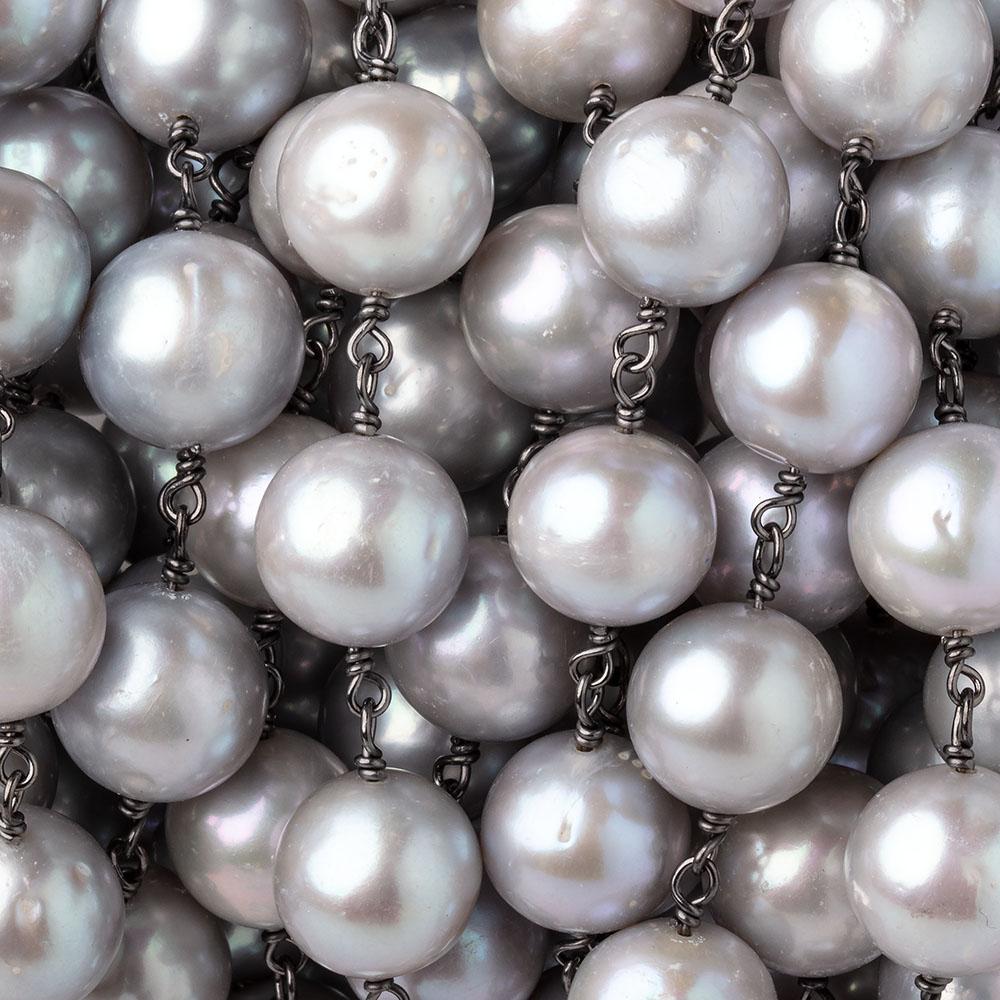 10.5-11mm Silver Off Round Pearls on Black Gold over .925 Silver Chain