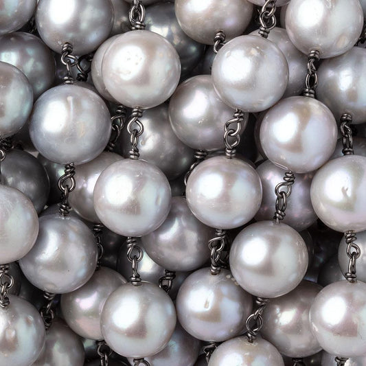 10.5-11mm Silver Off Round Pearls on Black Gold over .925 Silver Chain