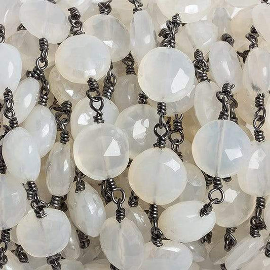 10mm Grey Chalcedony faceted coin Black Gold Chain by the foot 18 beads