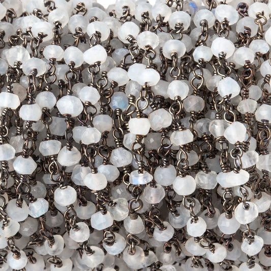 3mm Rainbow & White Moonstone faceted rondelle Black Gold Chain by the foot 36 pcs