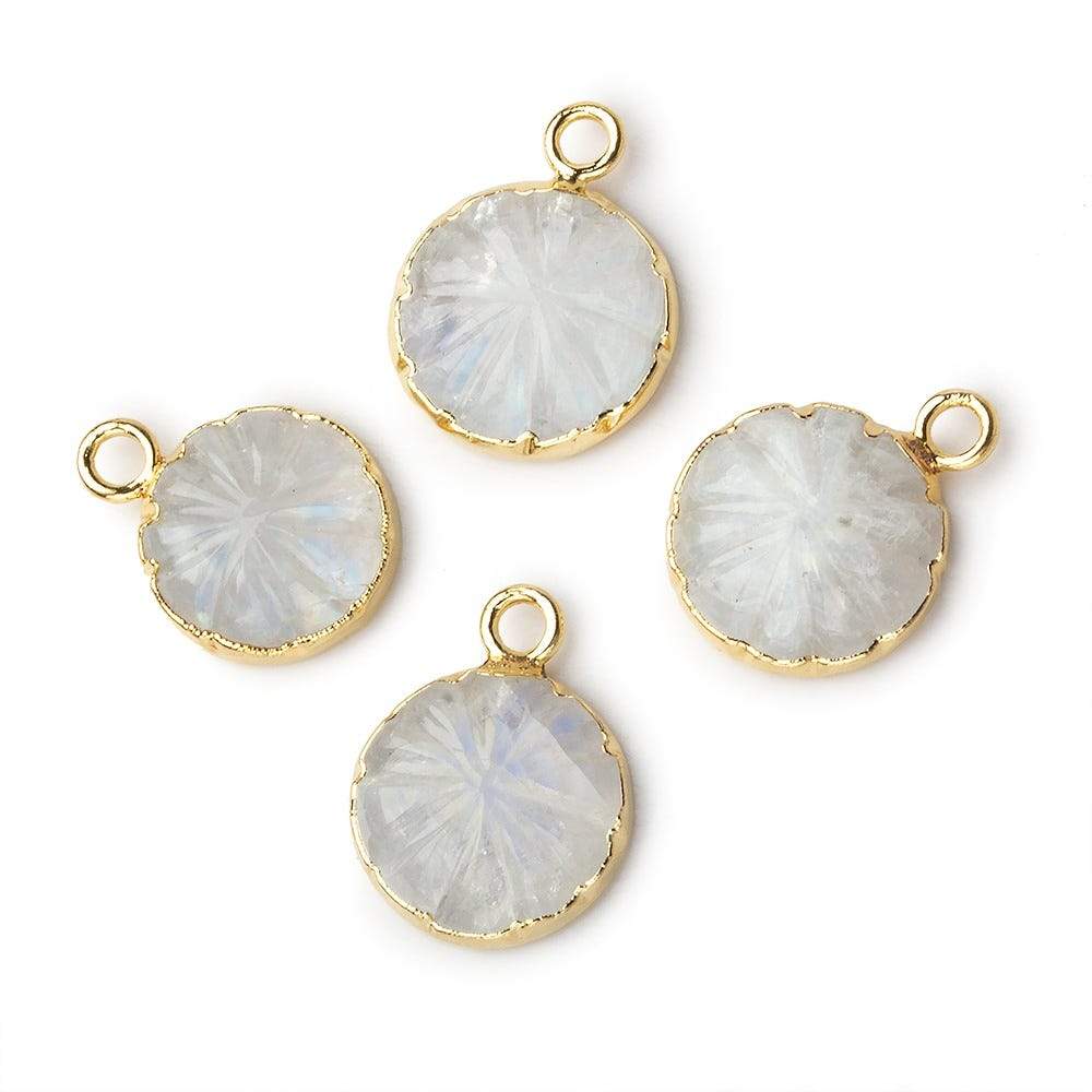11-12mm 22kt Gold Leafed Rainbow Moonstone carved floral coin Pendant 1 focal bead