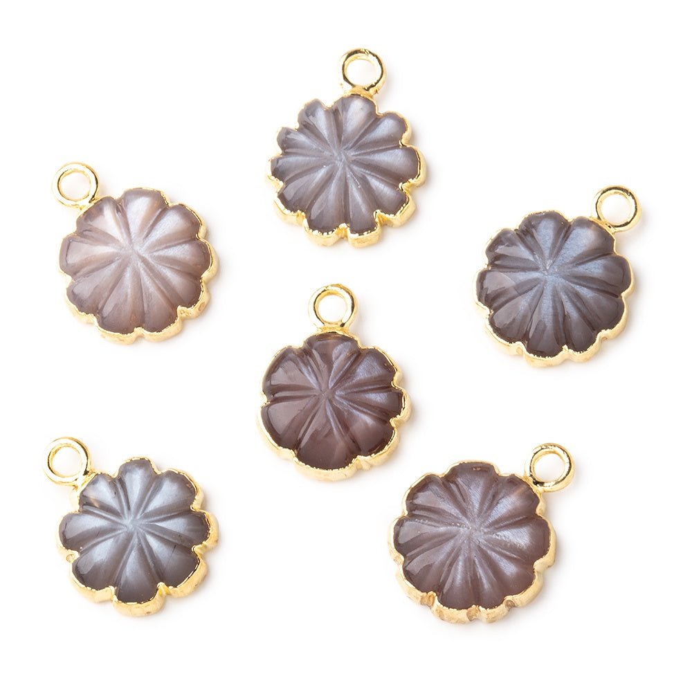 11mm Gold Leafed Chocolate Moonstone Carved Floral Coin Focal Pendant 1 piece